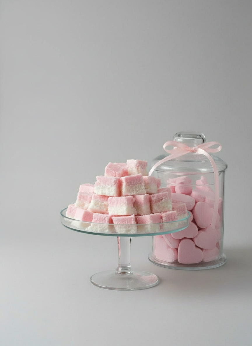 Pink conversation hearts and coconut ice displayed against a pale background
