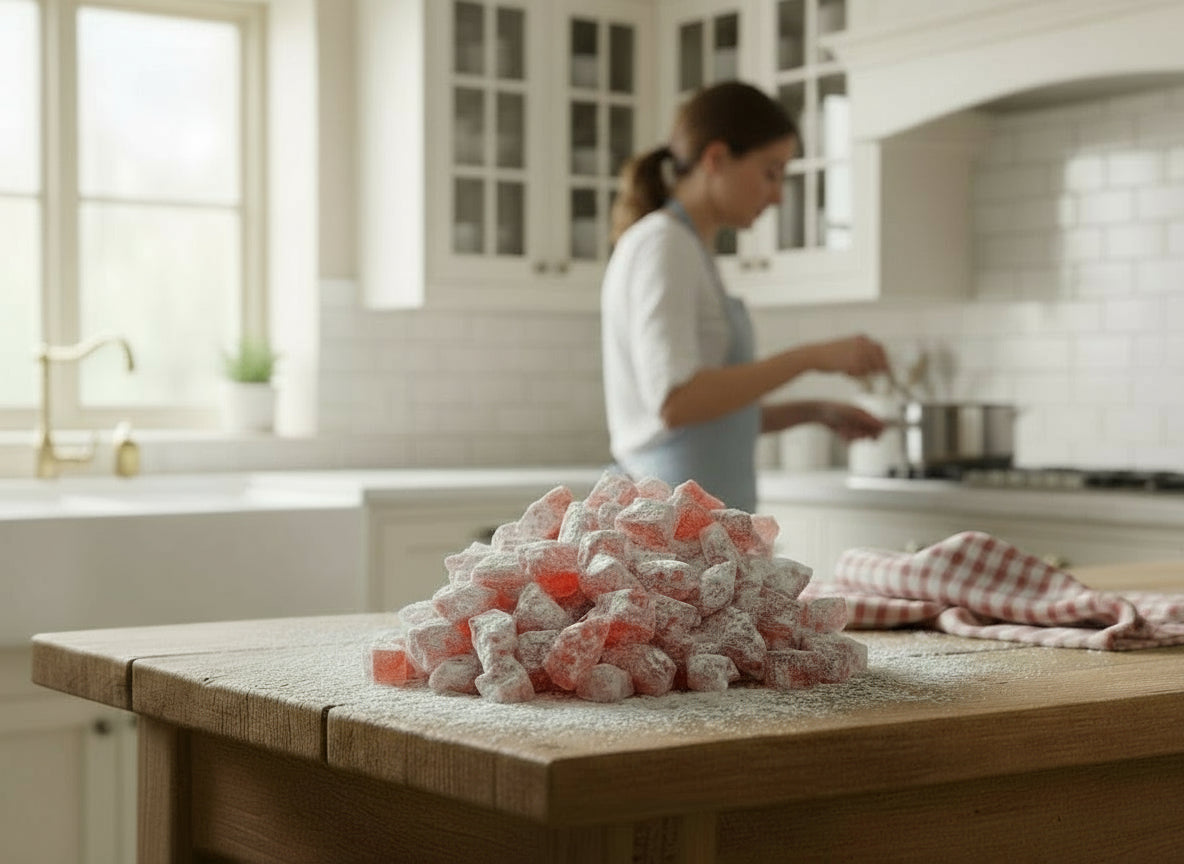Close-up of pink and white sugared candy pieces.